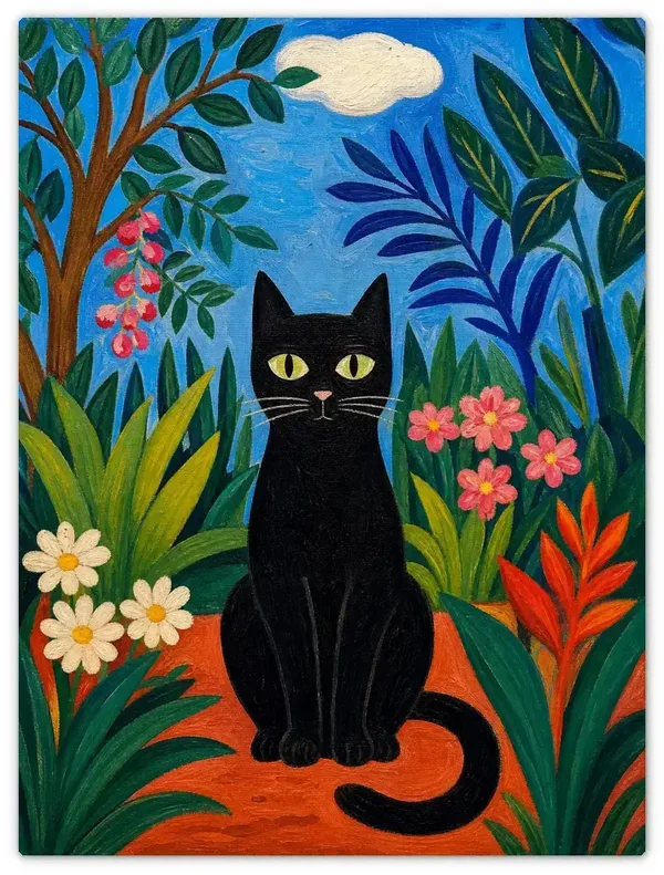 Leinwandbild im Folk-Art-Stil „Schwarze Katze im Garten“