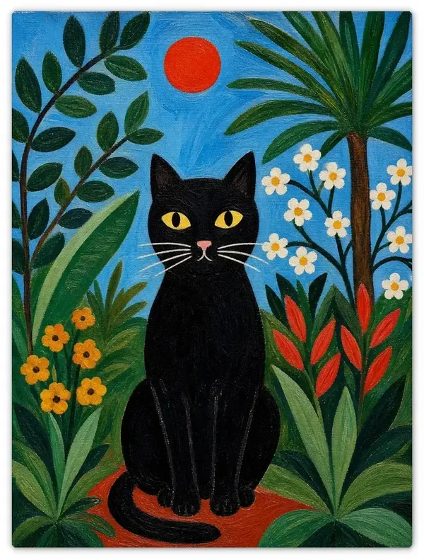 Leinwandbild im Folk-Art-Stil „Schwarze Katze im Dschungel“