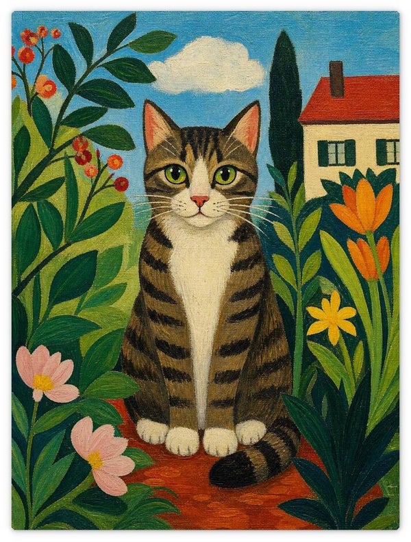 Leinwandbild „Katze im Tulpengarten“ – Naive Kunst & Folk Art Wandbild