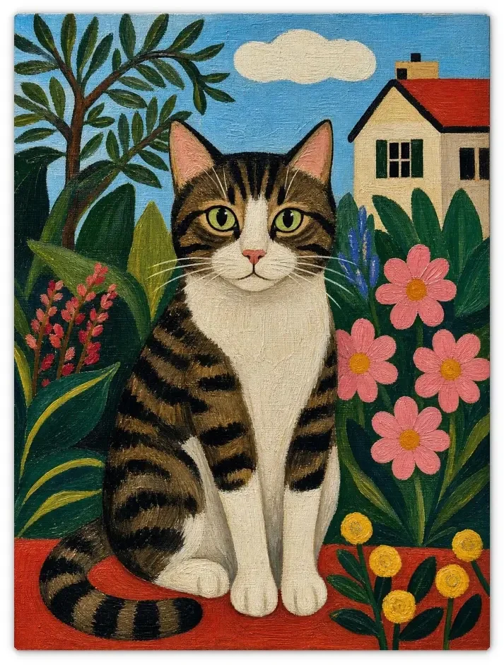 Leinwandbild Katze im Garten – Naive Kunst & Folk Art Stil | Kunstdruck Premium
