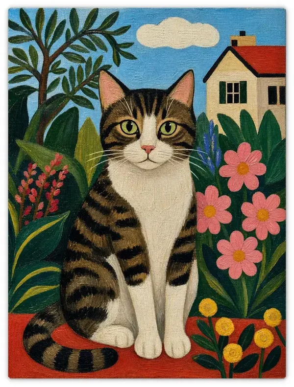 Leinwandbild Katze im Garten – Naive Kunst & Folk Art Stil | Kunstdruck Premium