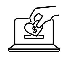 an image consisting of an outline image, with an open laptop and a hand holding a love heart with a dollar sign, placing it into a slot on the laptop screen.