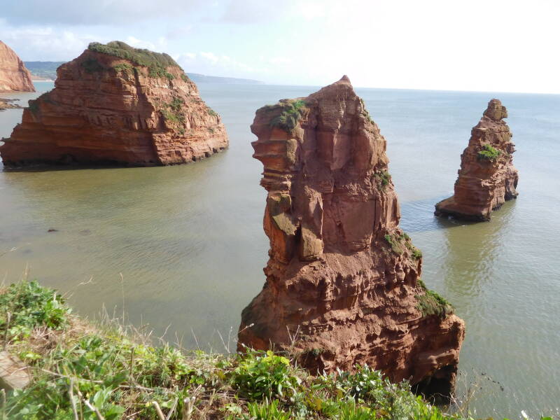 Ladram Bay, de Jurassic coast is heir nu donker bruin. De sea stacks kunnen worden bezocht na het betalen van 10 pond parkeergeld. Elders parkeren gaat niet
