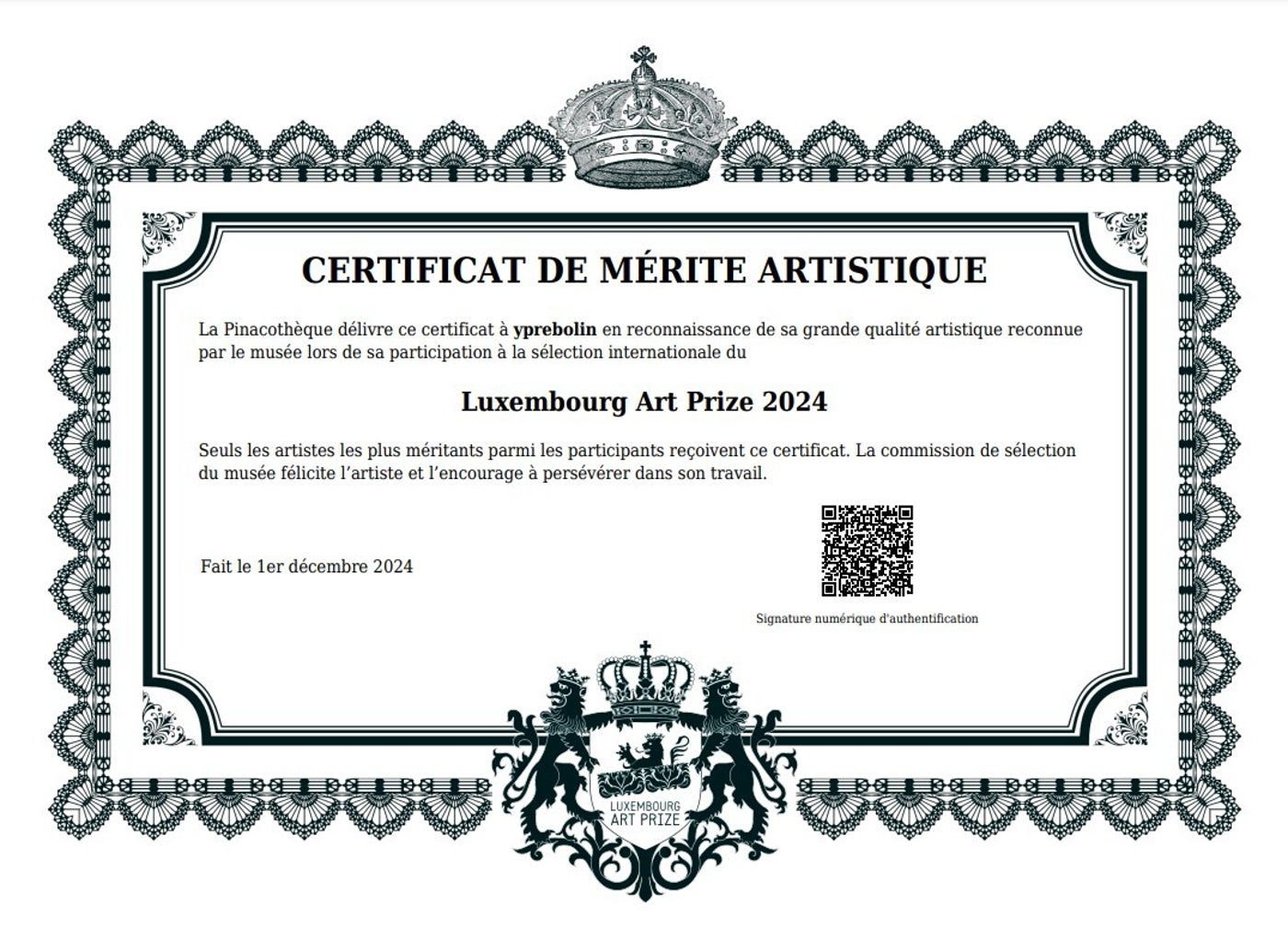 Certificat 2024 · Yannick Prébolin