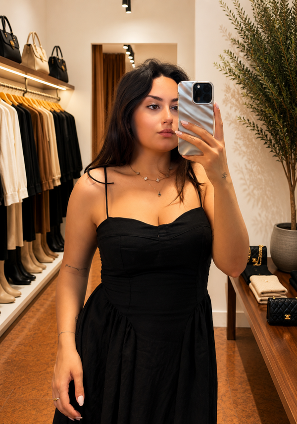 Vestito lungo, scollo a cuore e vita stretta