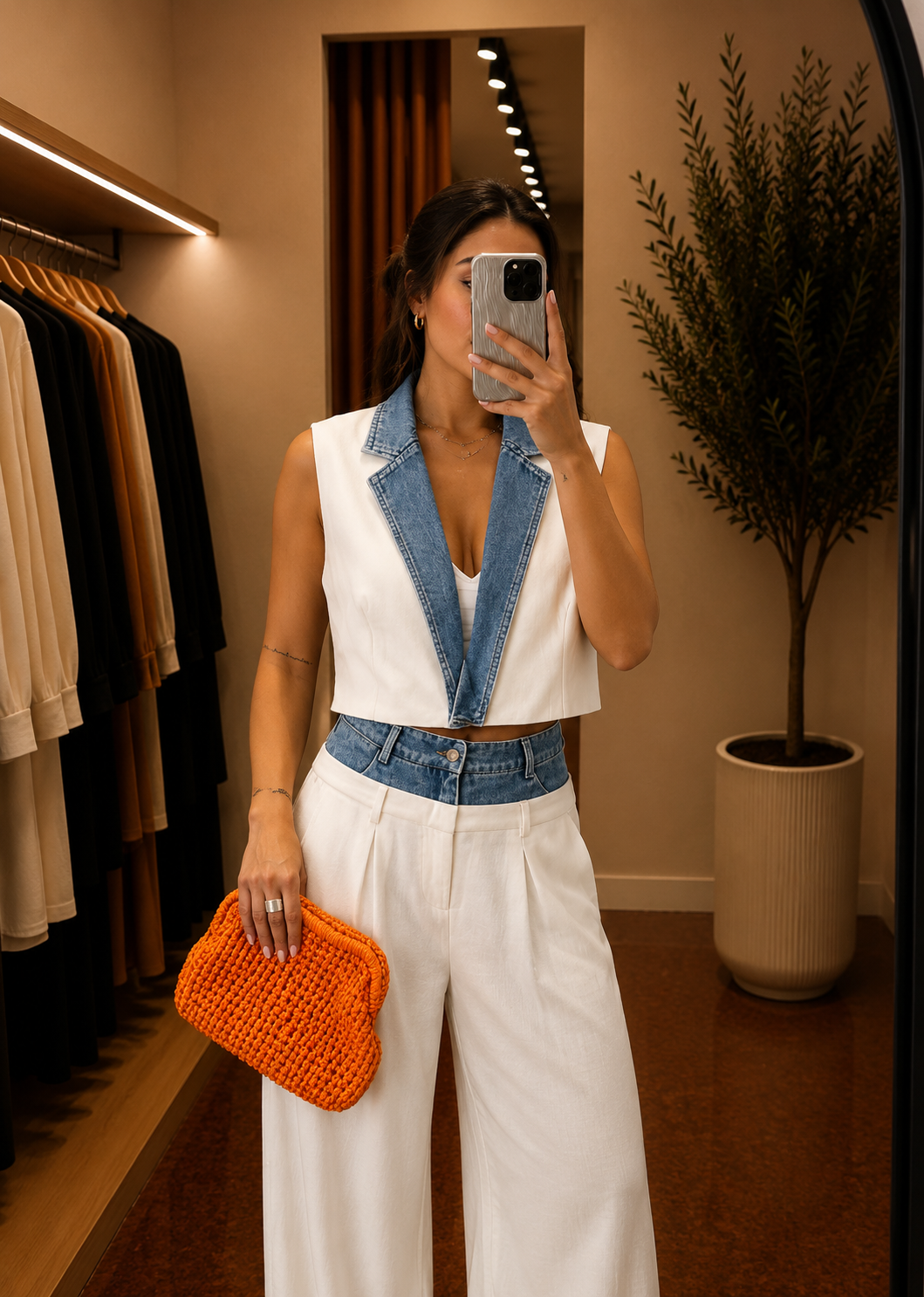 Completo bianco rifiniture in jeans