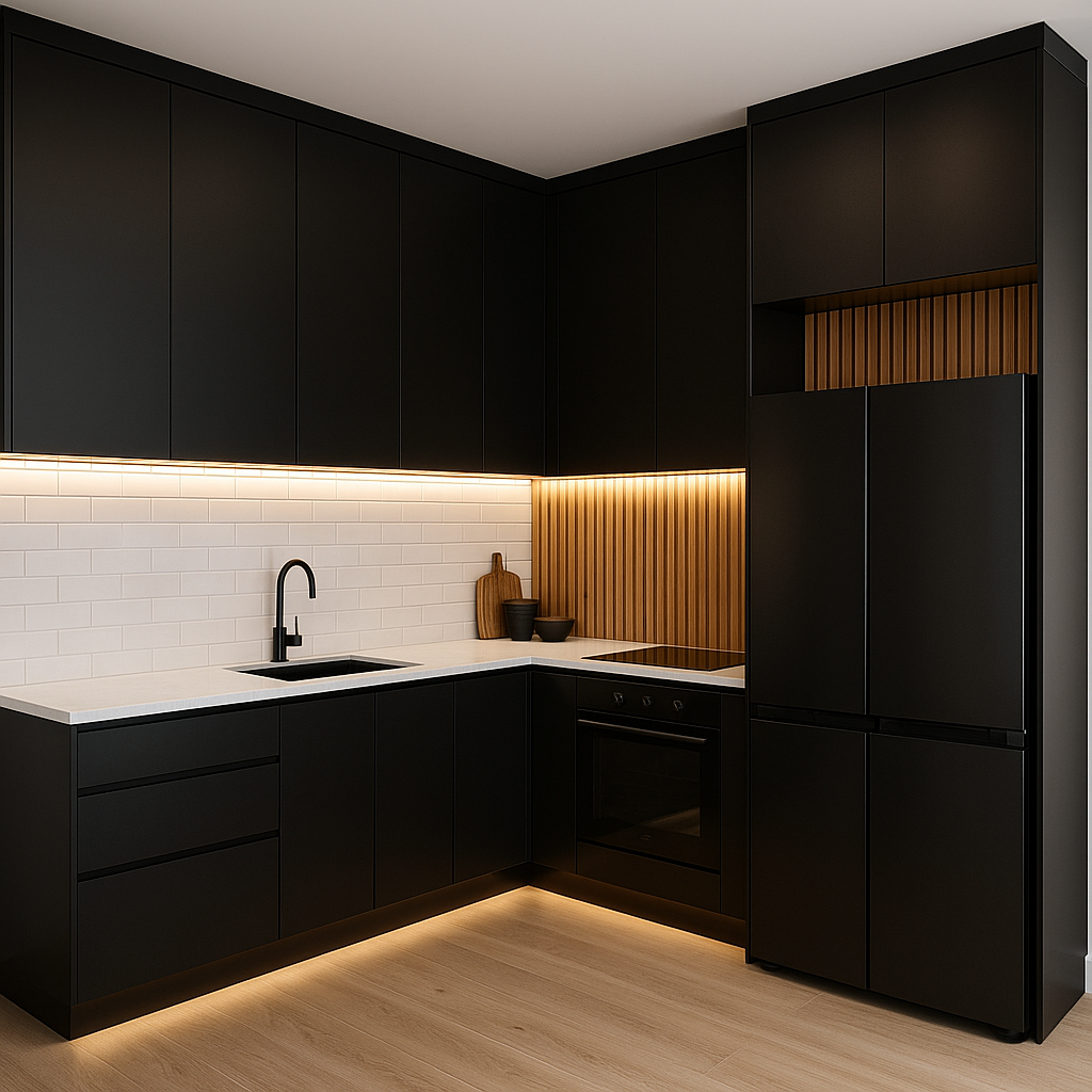 3m × 4m The DLCB Signature Midnight Kitchen is a bold, modern statement piece designed for homeowners who want a high-end designer look without the inflated price tag. Crafted with deep Black Venette matte cabinetry, warm Steccawood timber accents, and cl