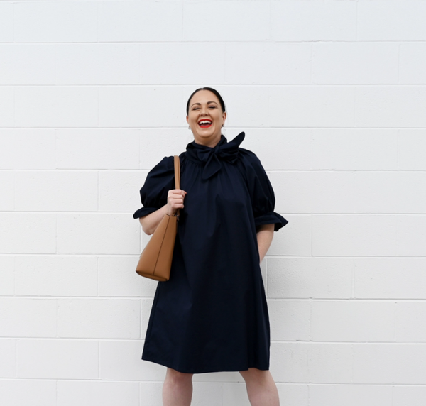 Tie Collar Black Cotton Dress Curve