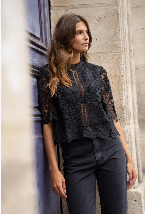 Lace Blouse Short Sleeved Slightly High Collar -Black and White $90
