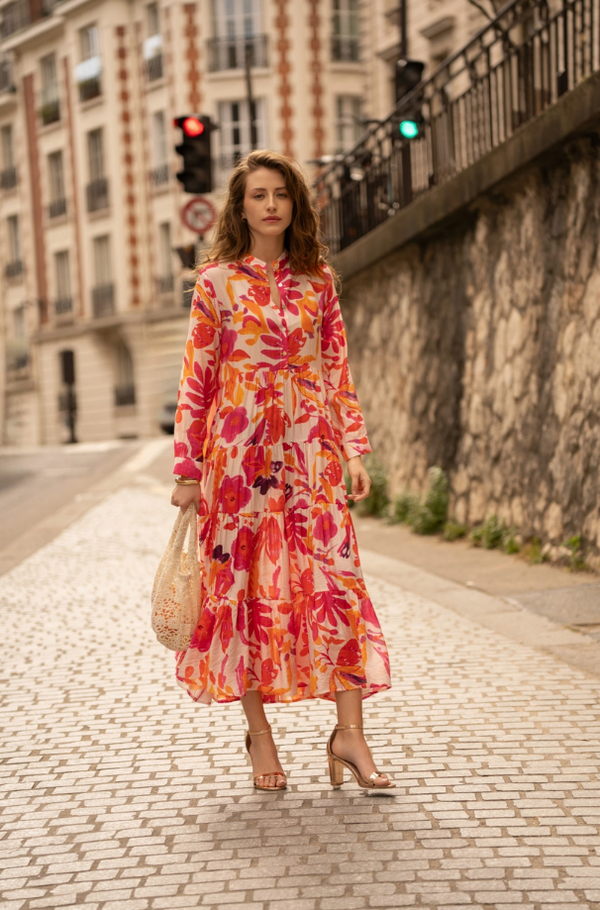 Printed Long Dress Long Sleeves Flared Tiered Cut $160