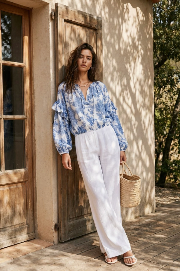 Printed Blouse with Balloon Sleeve $100