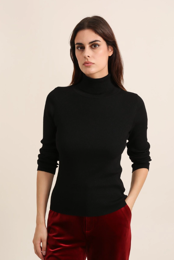 Ribbed Turtleneck Long Sleeve Black Sweater in Wool and Lurex $100