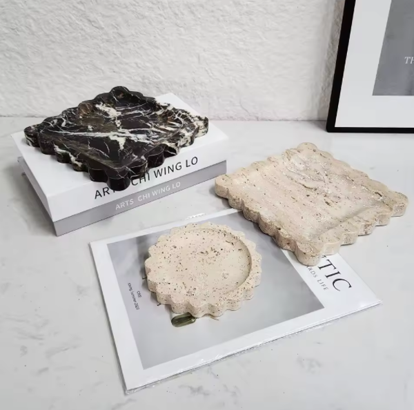 Natural Marble Travertine Tray Square Scalloped Edge Jewelry Organizer Home Decor Storage $80
