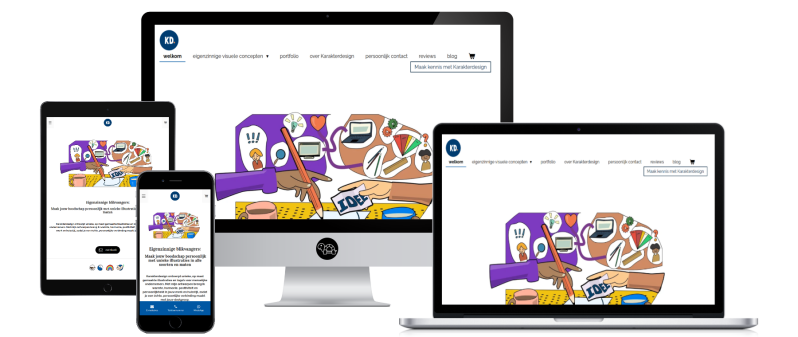 Mockup van tablet, smartphone, desktop en laptop van de website van Karakterdesign
