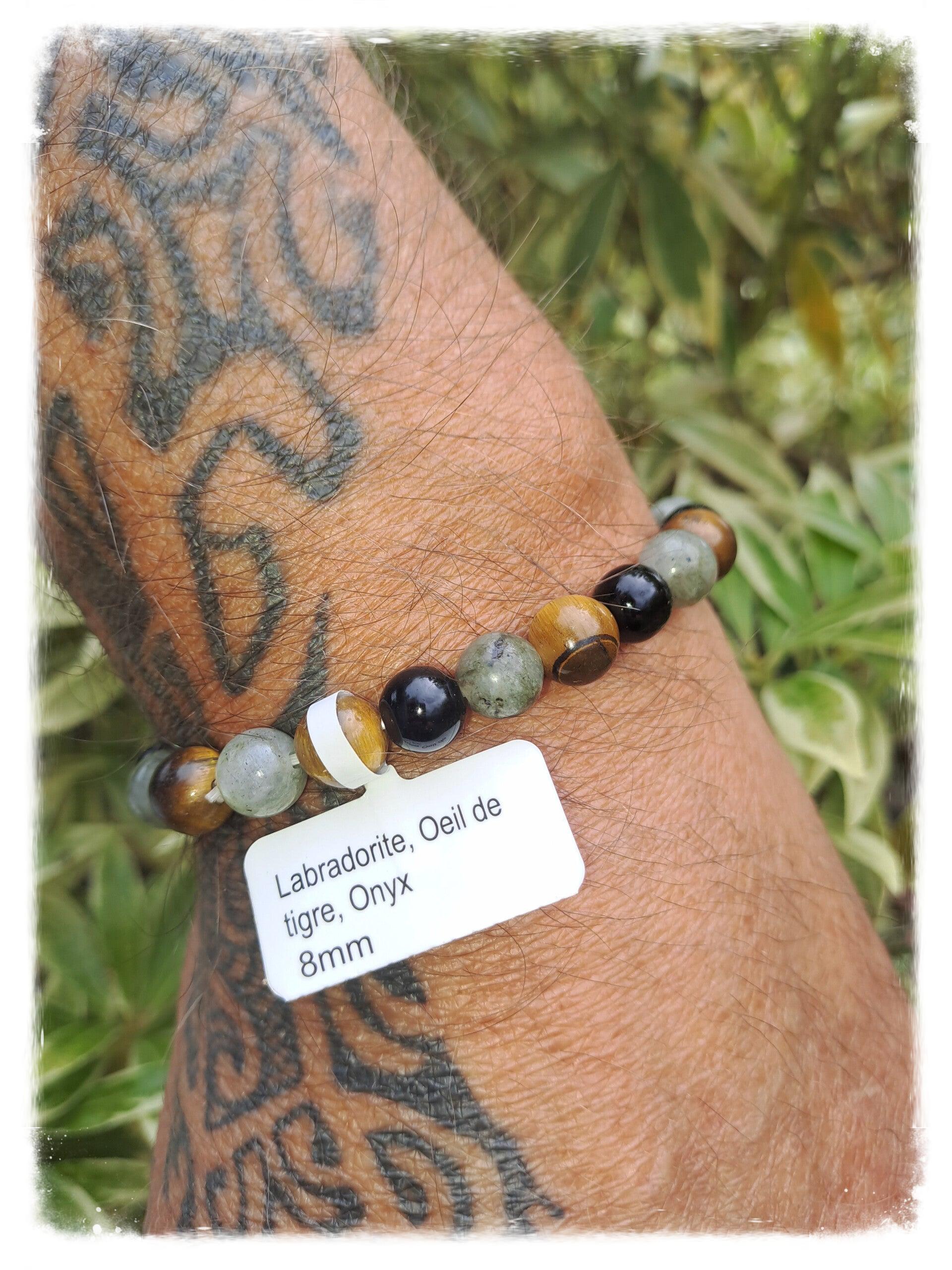 Bracelet labradorite, oeil de tigre, onyx 8 mm
