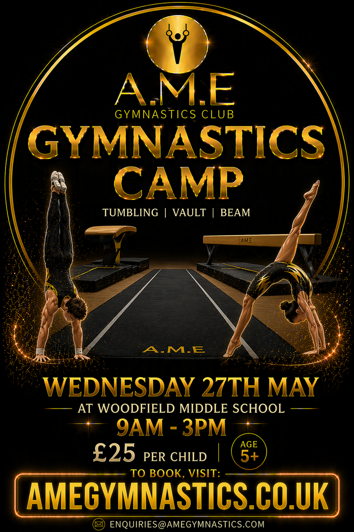 AME Gymnastics holiday camp poster: tumbling, vault and beam