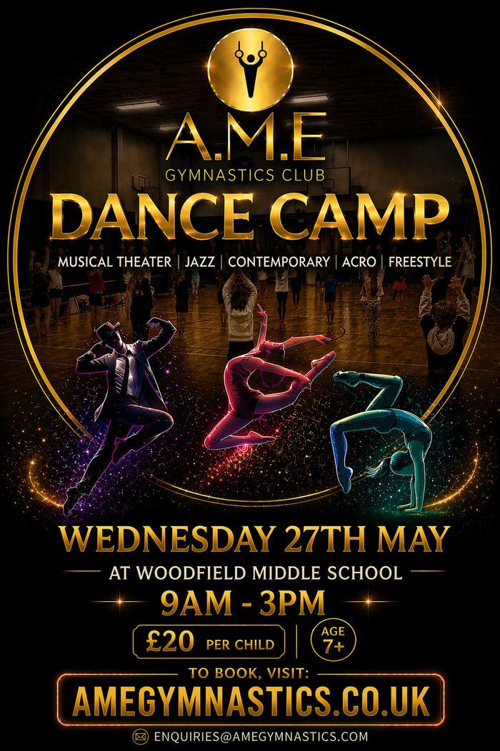 AME dance camp poster: musical theatre, jazz, contemporary and acro