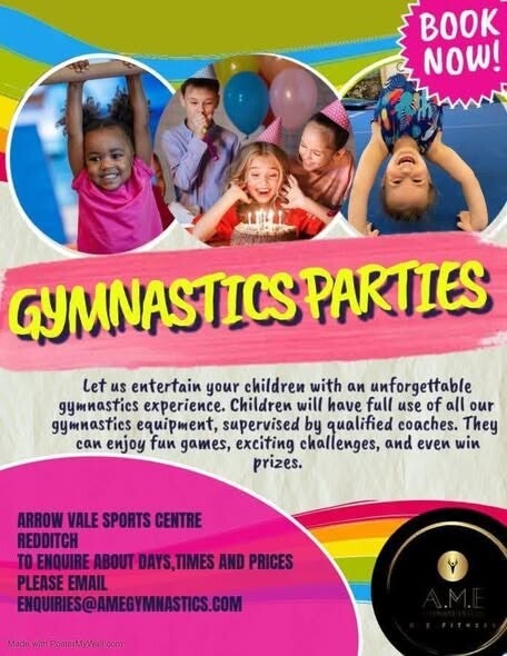 AME gymnastics birthday party poster