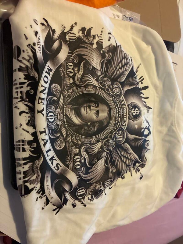 A white large money talks T-shirt