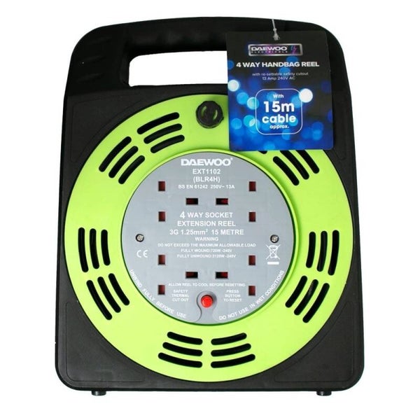 Daewoo 4 Gang ( 4 Way ) 15m Handbag Extension Lead Reel