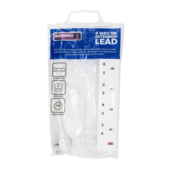 Daewoo 4 Gang ( 4 Way ) Extension Lead 1m