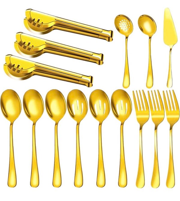 15 Pcs Stainless Steel Large Flatware Serving Tools Kit, Included Spoons, Forks, Tongs, Slotted Spoon - Gold