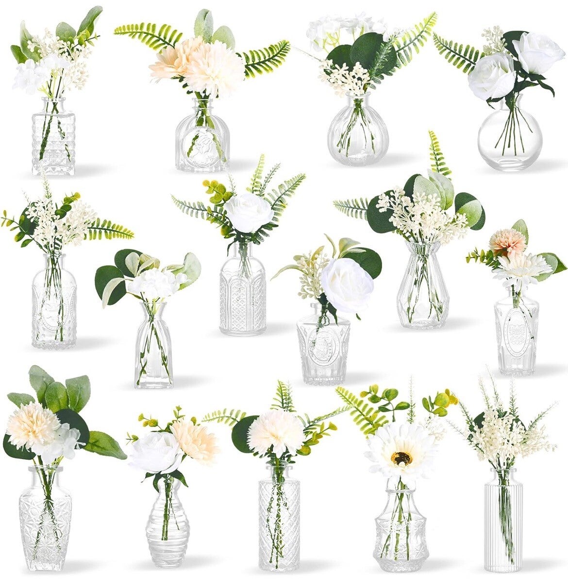 135 Pcs Fake Flowers in Vase Set Table Flowers Centerpieces with 15 Embossed Glass Bud Vases Artificial Plants & Flowers for Wedding Centerpiece Table Decorations