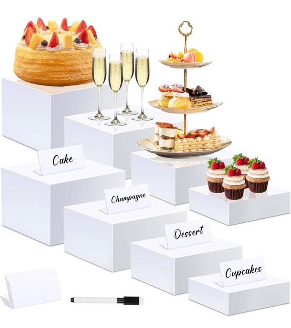Buffet Risers Set of 8 Acrylic Cube Display Stands(8 PCS White Cube) Box Risers with Hollow Bottoms 4 Different Size Dessert Table Display Set Food Nesting Risers for Buffet Table