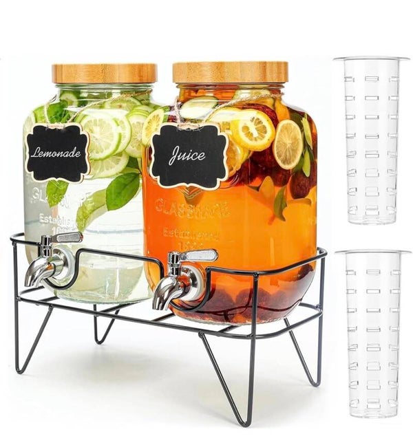 1 Gallon Glass Drink Dispenser with Bamboo Lid, 2 Pack Beverage Dispenser with Stand, Drink Machine for Lemonade, Iced drinks, Kombucha Dispenser for Parties, Weddings