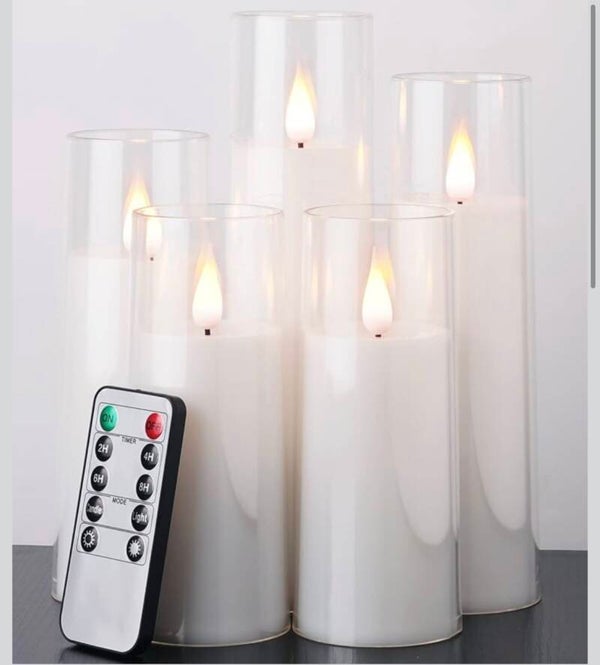 Pure White Flameless Candles, Battery Operated Candles, Acrylic Flickering LED Pillar Candles with Remote Control and Timer, 3D Wick, Yellow and Blue Glow, D2.2 xH5 5" 6" 7" 8", Set of 5