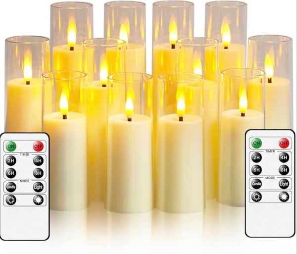 Flickering Flameless Candles, Battery Operated Acrylic LED Pillar Candles with Remote Control and Timer,Pack of 12,(D1.57 xH 4" 5" 6") for Holiday Decorations Home Decorations (Ivory)