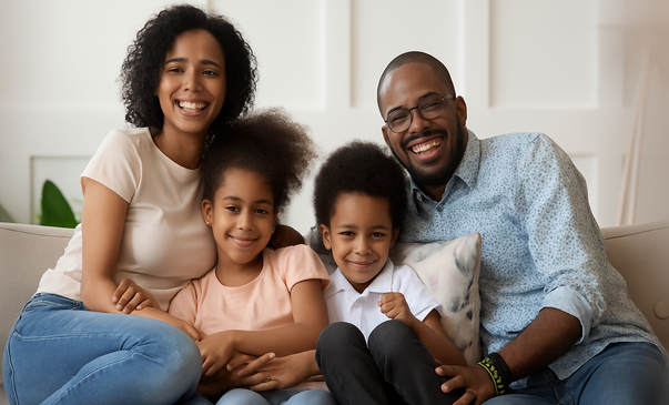 Family of four relaxing at home representing the freedom that having whole life for your family brings.