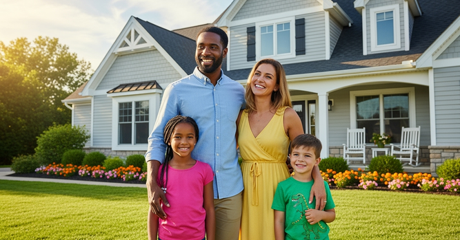 Happy family on front lawn of new home, illustrating importance of mortgage protection insurance