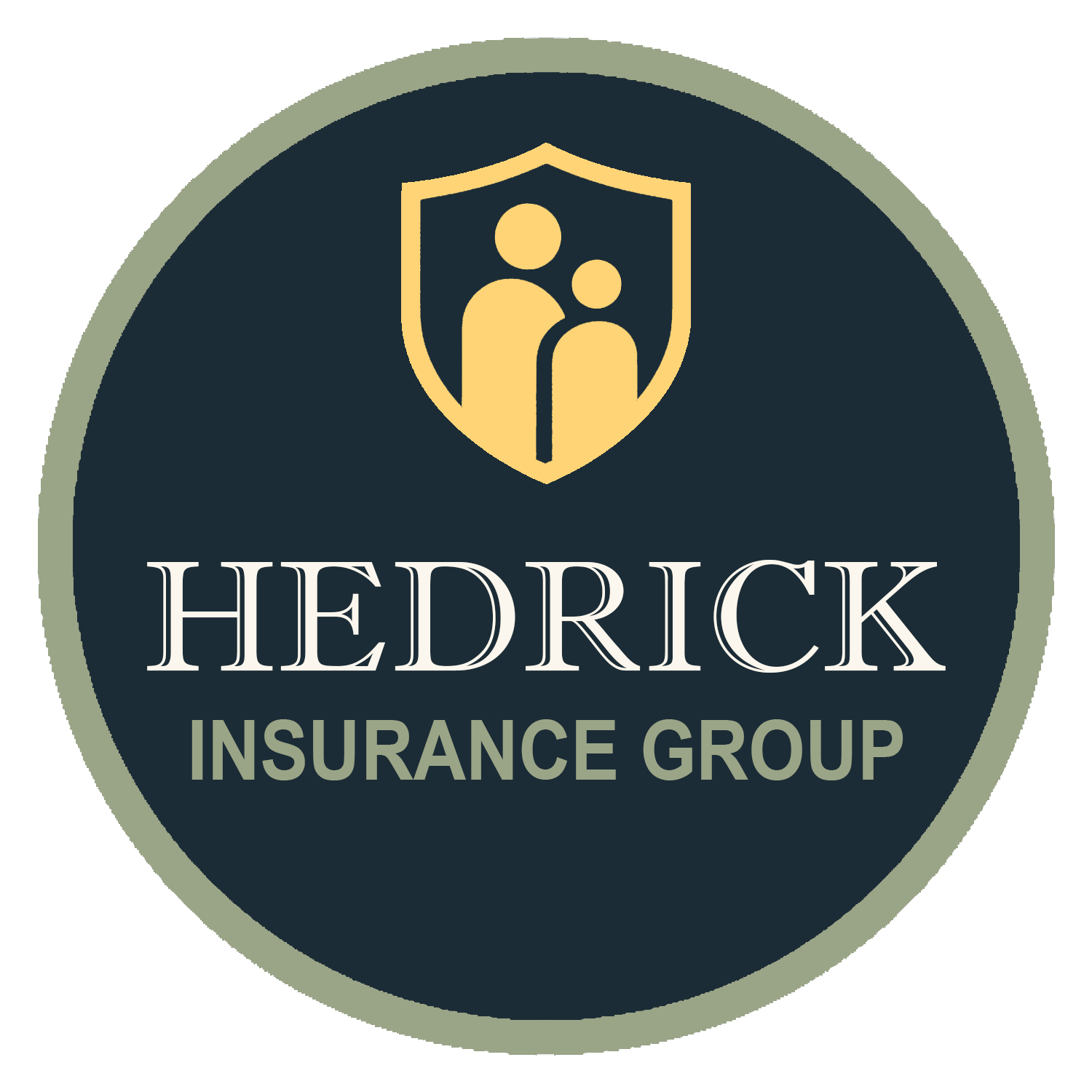 Hedrick Family Insurance Group logo with a gold shield icon featuring two figures representing family, on a dark navy blue circular background