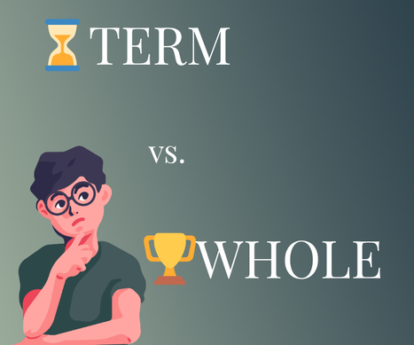 Animated words 'Term vs Whole' with an animated man deep in thought, illustrating the decision-making process about life insurance options.