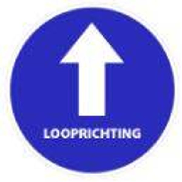 Vloersticker looprichting pijl en tekst blauw (Ø20cm)