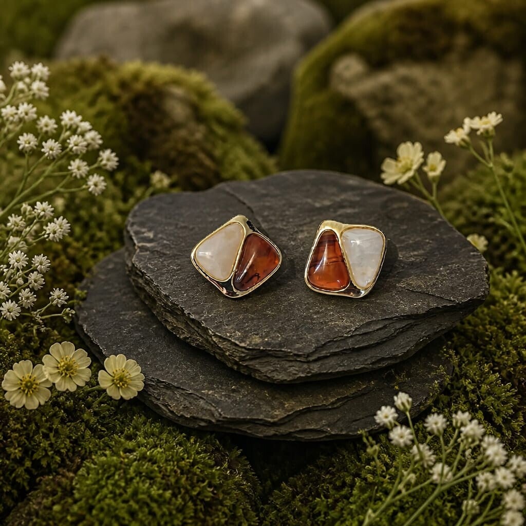 Boucle d'Oreilles Puces Ambre & Nacre
