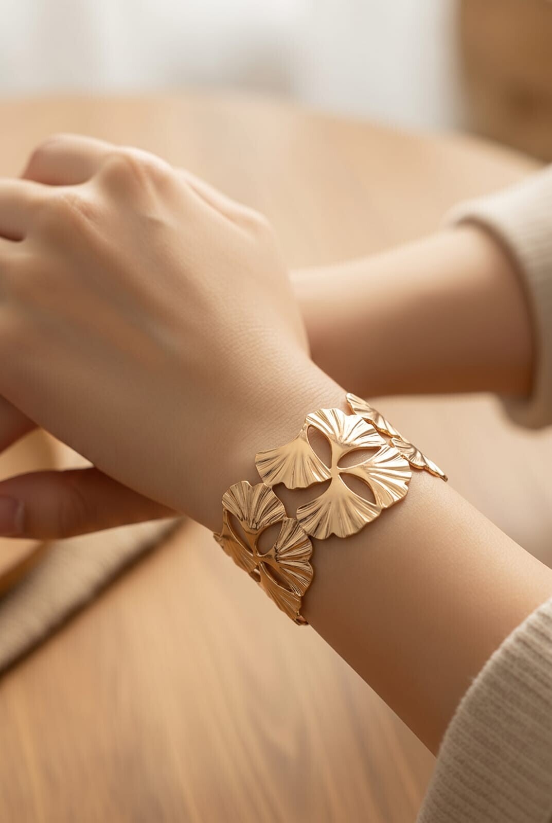 Bracelet Manchette Feuilles Dorée