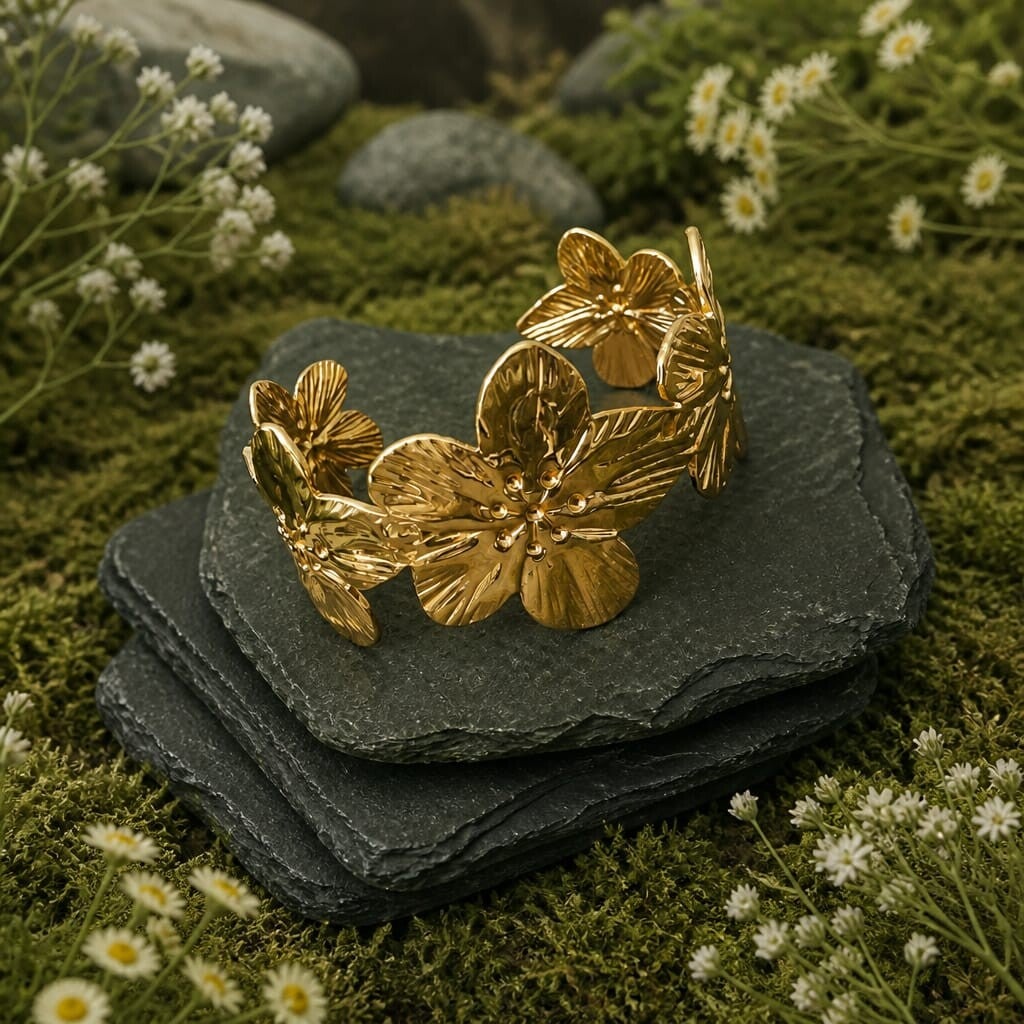 Bracelet Manchette Orchidées Dorées