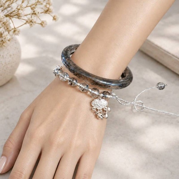 Duo de Bracelets Jonc Quartz Fumé & Perles Clochettes