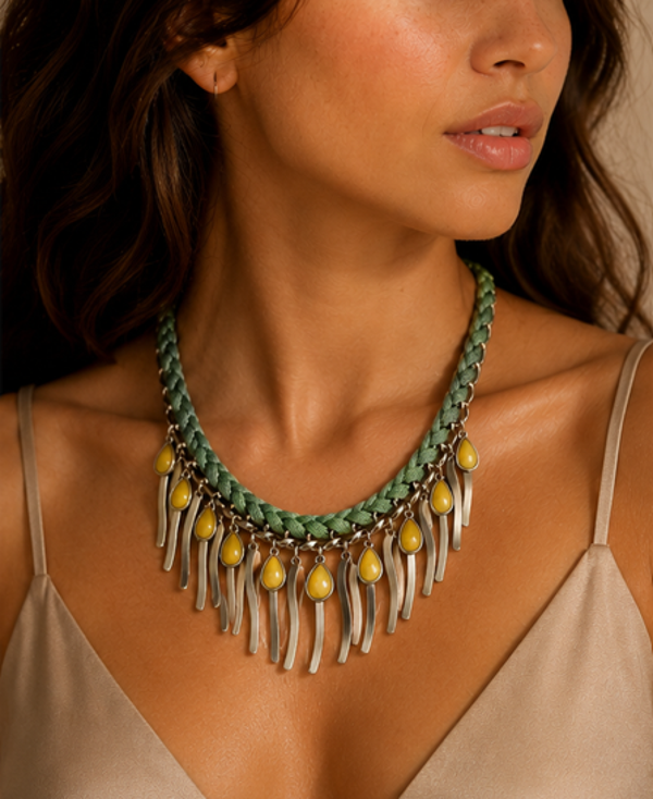Collier Romy - Collier tressé vert à pampilles dorées