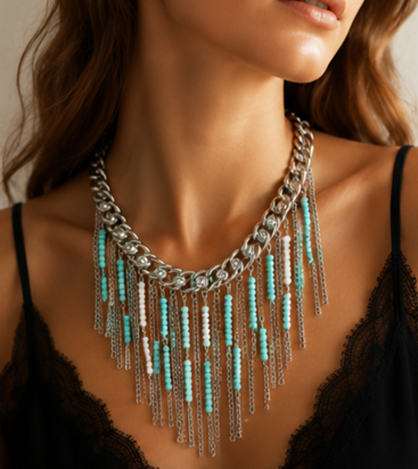 Collier Rosali - Chaîne épaisse à franges perlées