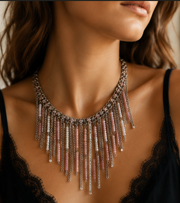 Collier Rosali - Chaîne à franges perlées rose et blanc