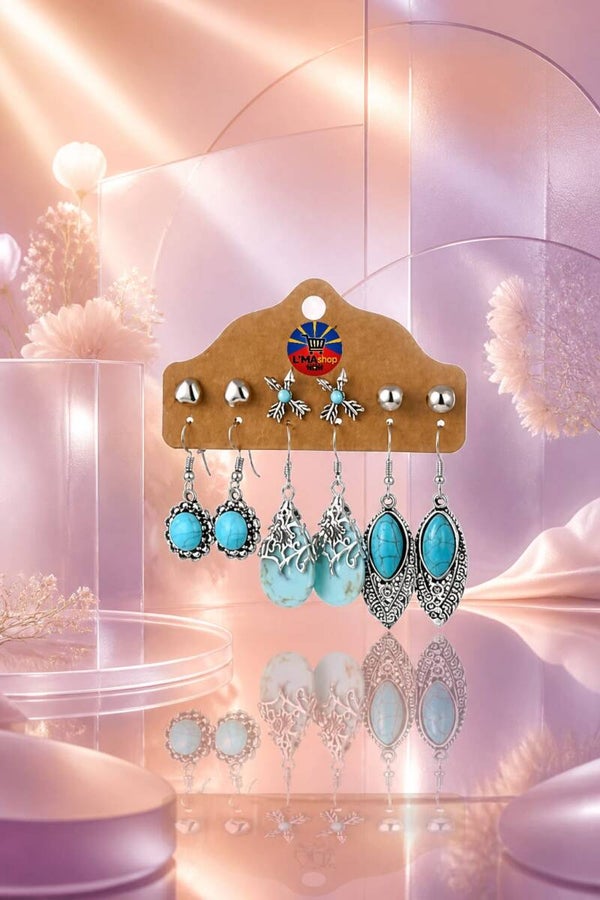 Coffret 6 Paires Boucles Turquoise Bohème