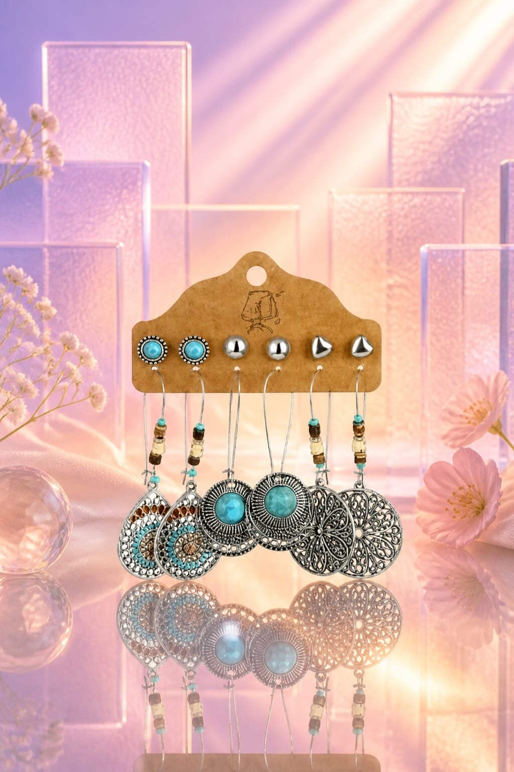 Coffret 6 Paires Boucles Médaillon Bohème