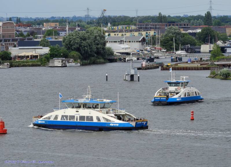 ferries IJVEER 61 and 54 - ferry 61 on route from Central Station to NDSM - North Amsterdam ) -- (ferry 54 on route from Distelweg (North Amsterdam) to Pontsteiger - West Amsterdam)