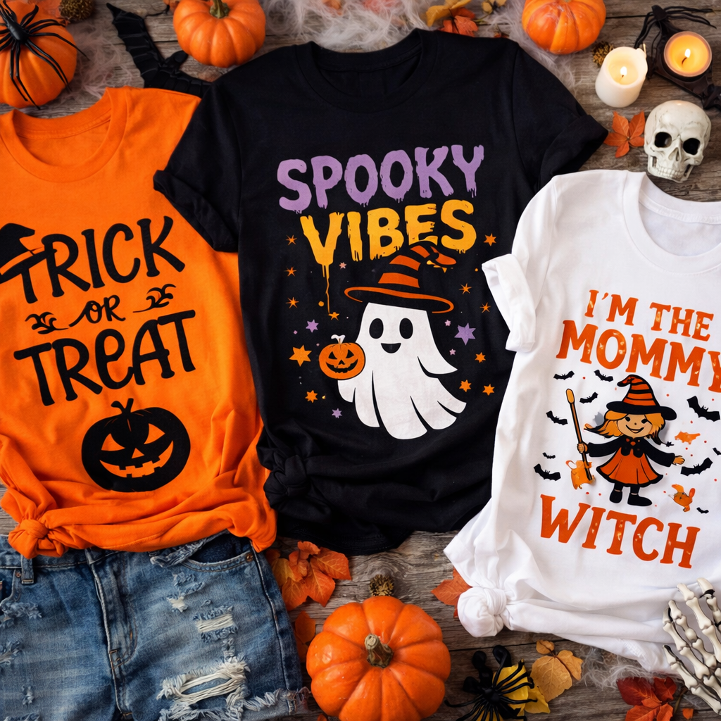 Feestelijke Halloween T-shirts met vrolijke spook- en heksenillustraties, gepresenteerd in een warme herfst- en halloweensfeer