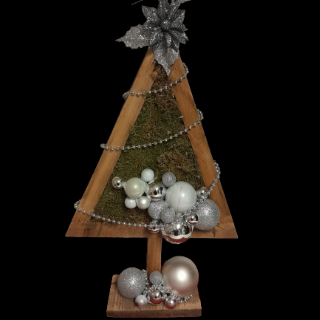 🎄 Handgemaakt Kerststuk – Houten boom met mos, kerstballen en kralen