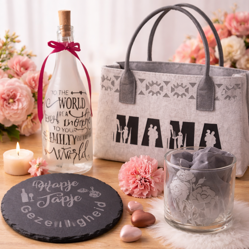 Warme Moederdagsfeer met handgemaakte en gepersonaliseerde cadeaus voor mama, waaronder een geëtste vaas en decoratieve accenten
