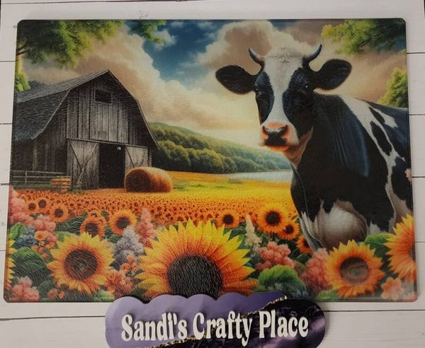 Glass Cow & Sunflowers Cutting Board